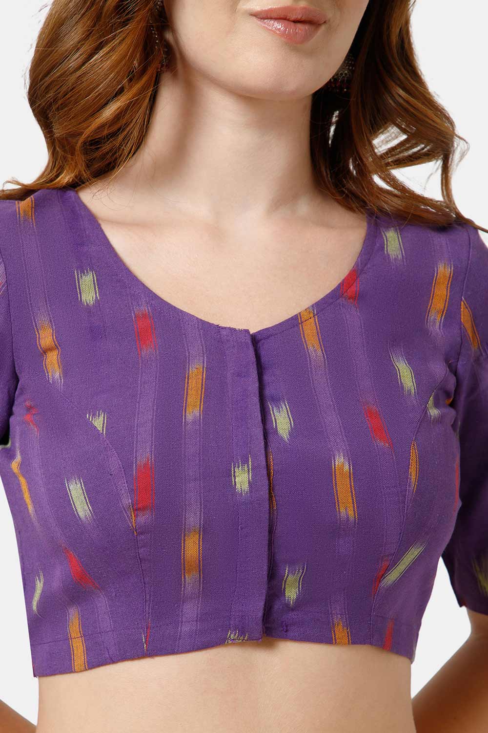 Naidu Hall Women’s Cotton Blouse | Woven U-Neck Ethnic Blouse with Elbow Sleeves & Front Closure - Purple - BU17