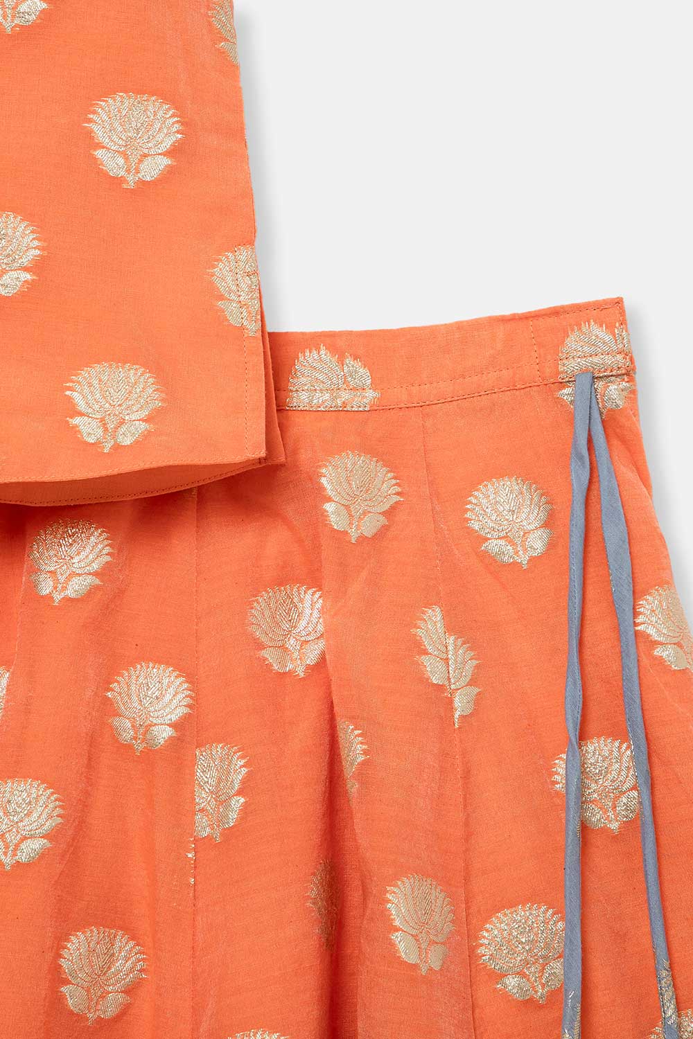 Chittythalli Girls Traditional Pavadai Set with Mandarin Collar Top and Double Layered Flared Skirt - Orange - PS70