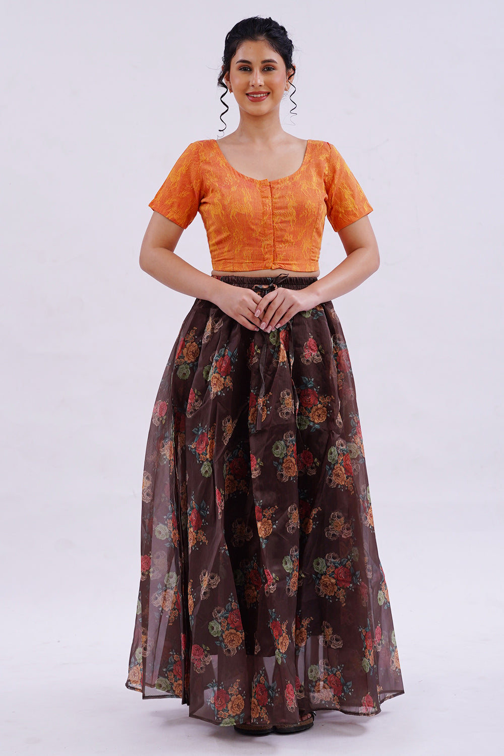 Naidu Hall Round Neck Short Sleeve Women's Handloom Cotton Saree Jacquard2 Front Open Blouse - Orange