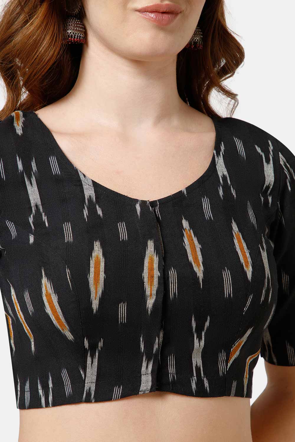 Naidu Hall Women’s Cotton Blouse | Woven U-Neck Ethnic Blouse with Elbow Sleeves & Front Closure - Black - BU17