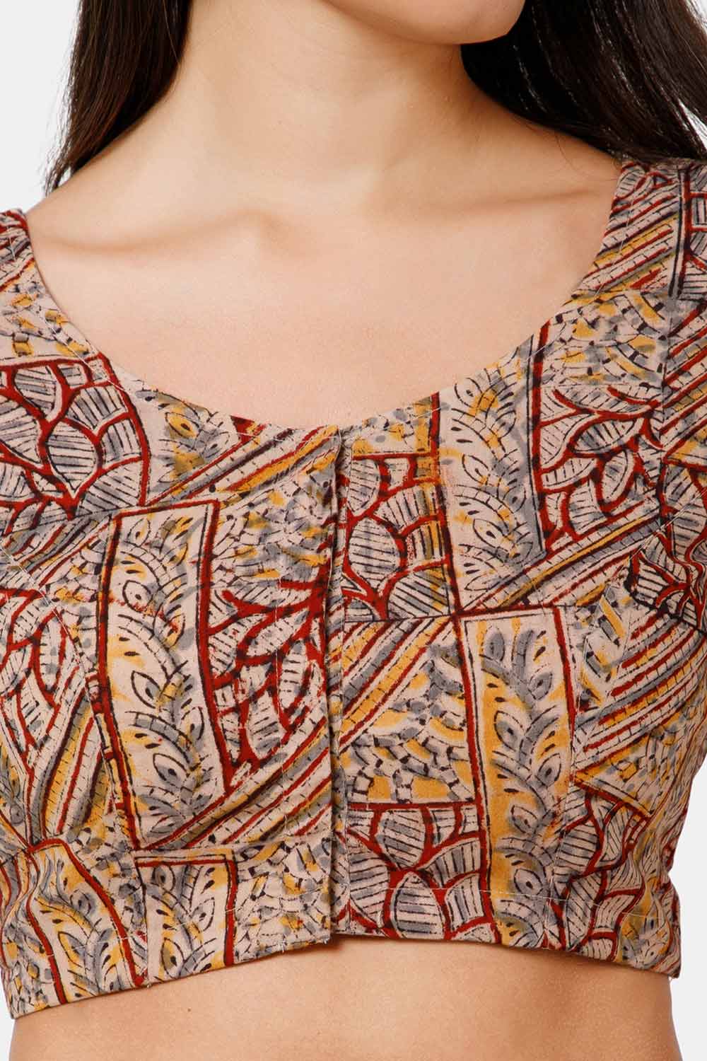 Naidu Hall Women’s Blouse Cotton Kalamkari Padded Front Open U Neck Princess Cut Elbow Sleeve Saree Blouse - Maroon - BU17