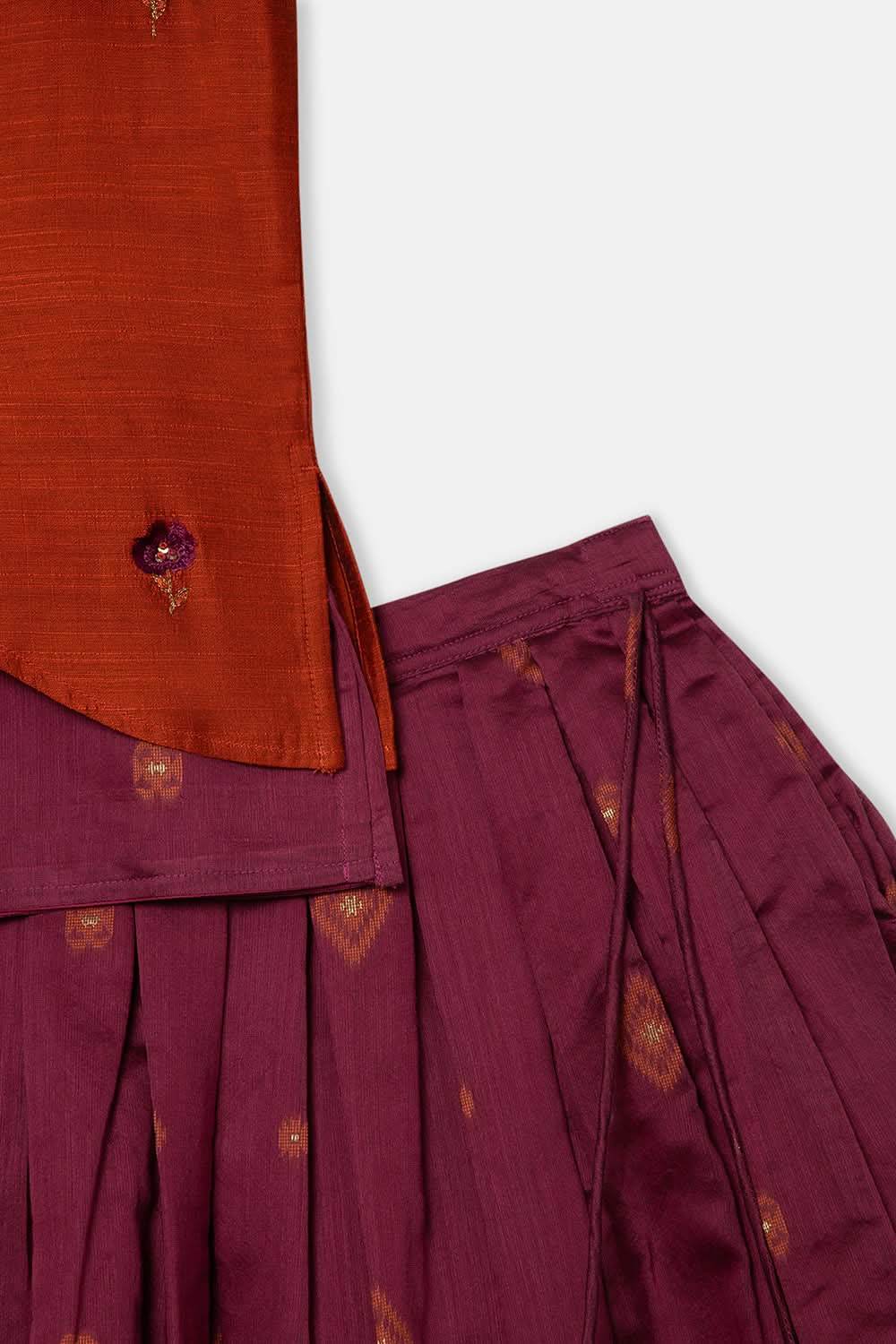 Chittythalli Girls 3-Piece Pavadai Set Spaghetti Strap Inner Box Pleat Skirt Embroidered Overcoat - Brown - PS74 - Naidu Hall Family Store