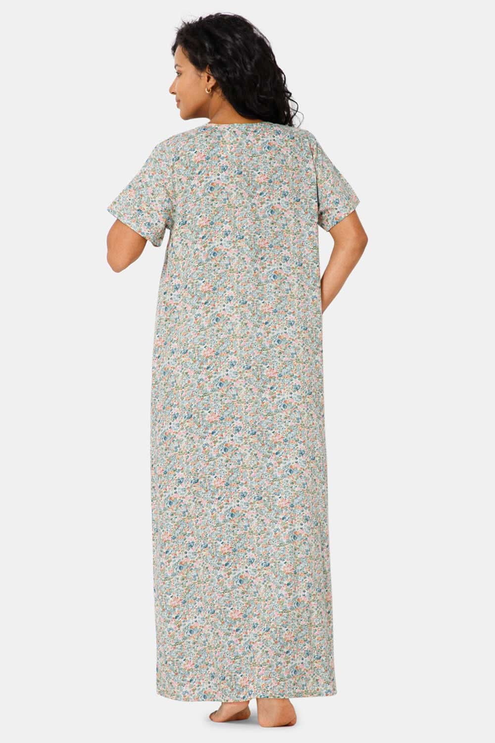 Naidu Hall Front Open Round Neck Short Sleeve Printed Nighty-Light green - NT11