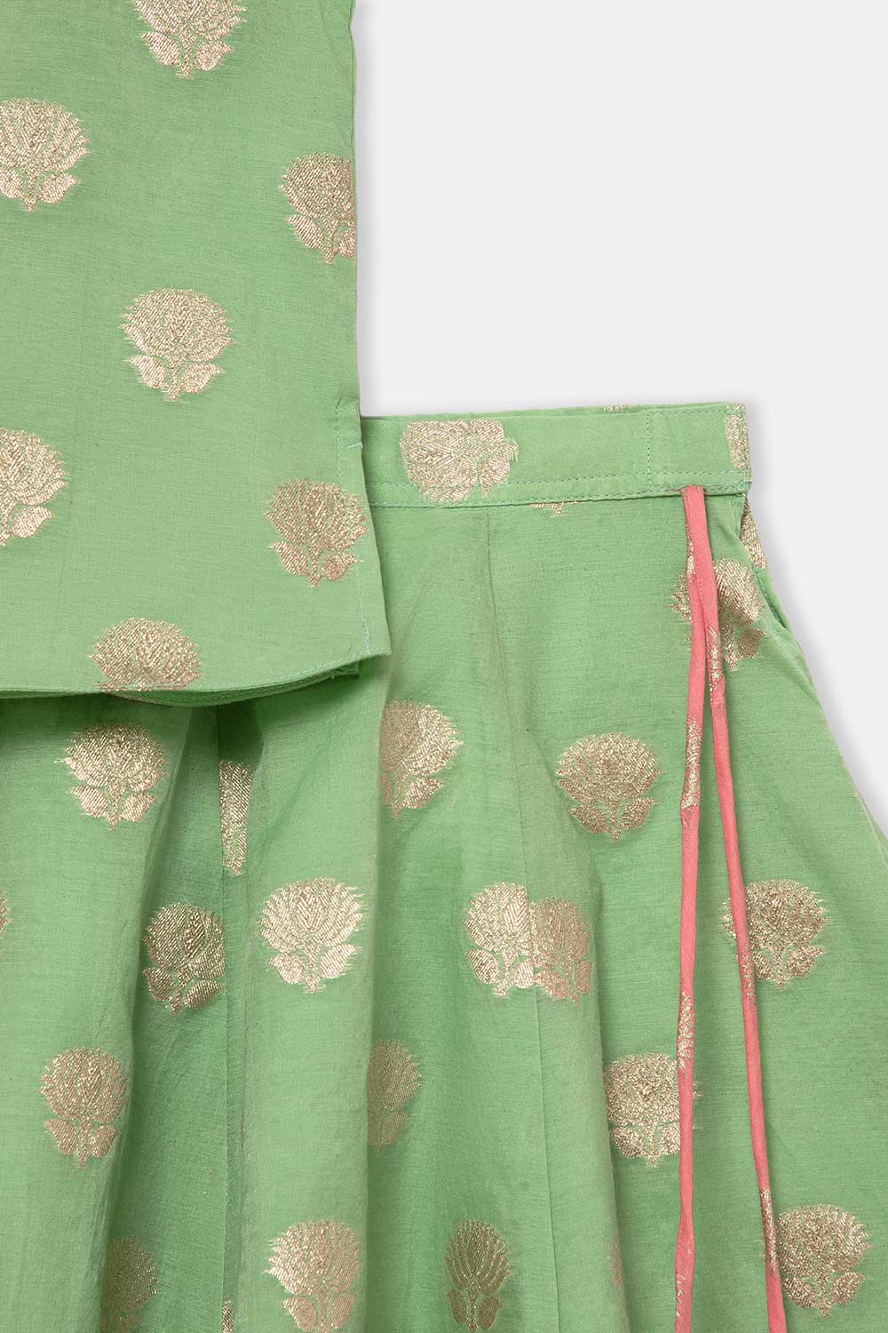 Chittythalli Girls Traditional Pavadai Set with Mandarin Collar Top and Double Layered Flared Skirt - Green - PS70