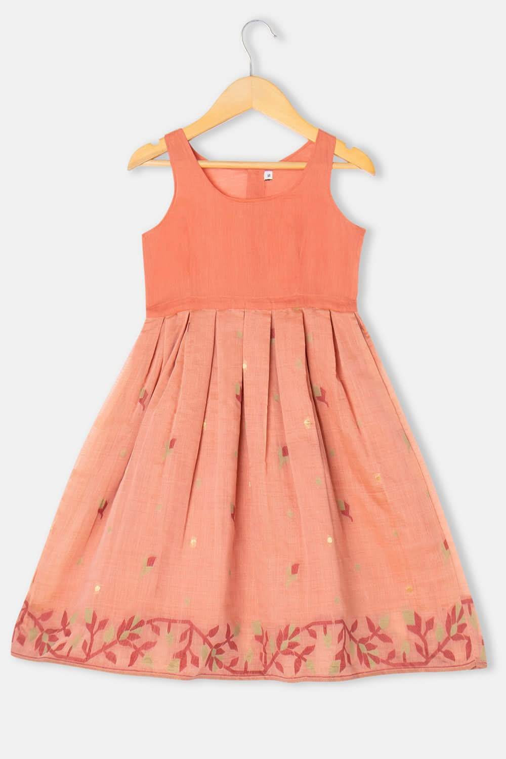 Chittythalli Girls Pavadai Set Cotton Blend with Sweetheart Neckline & Box Pleat Skirt- Peach - PS75 - Naidu Hall Family Store
