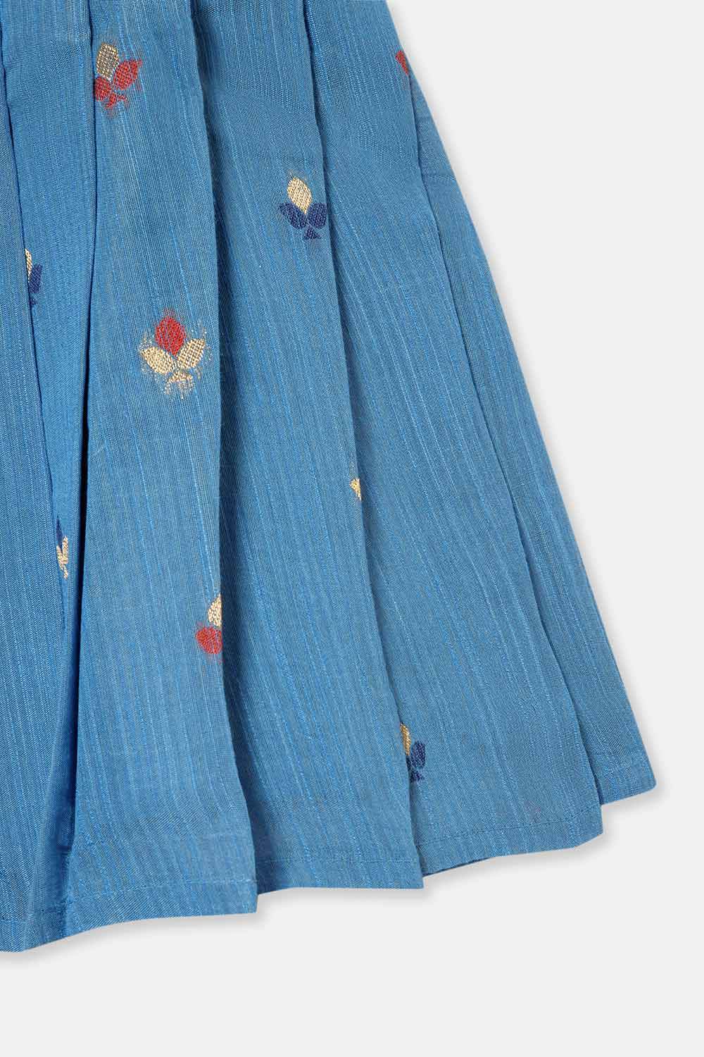 Chittythalli Girls’ Ethnic Frock – Angarkha Cut Top with Chain Stitch Embroidery & Knife Pleated Skirt - Blue - FR39 - Naidu Hall Family Store