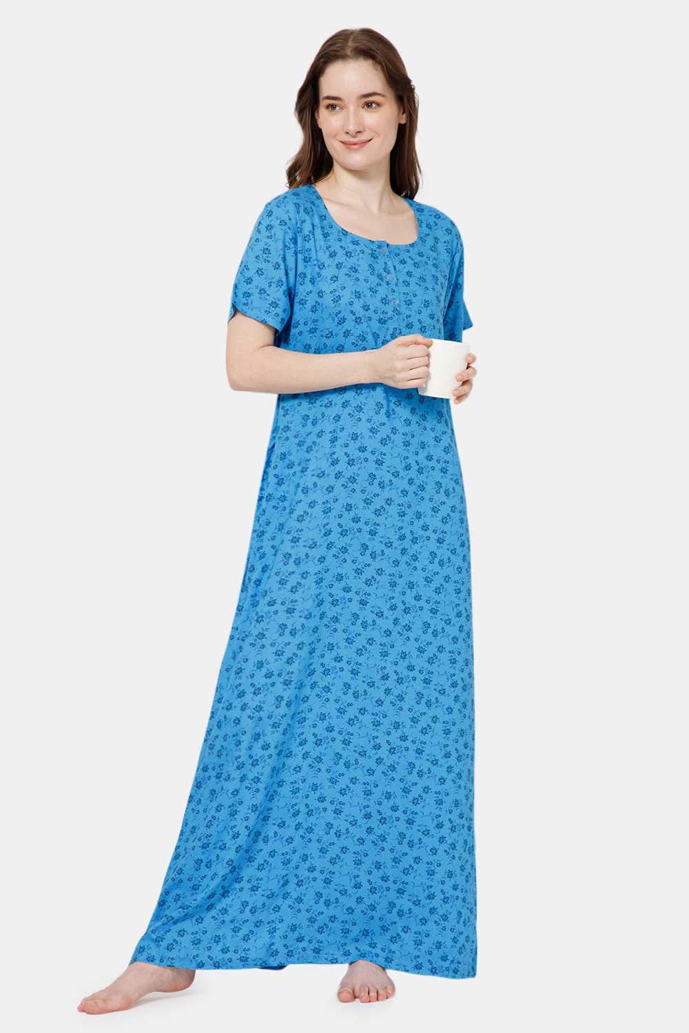 Naidu Hall Front Open Printed Nighty with Square Round Neck - Dark blue - NT33
