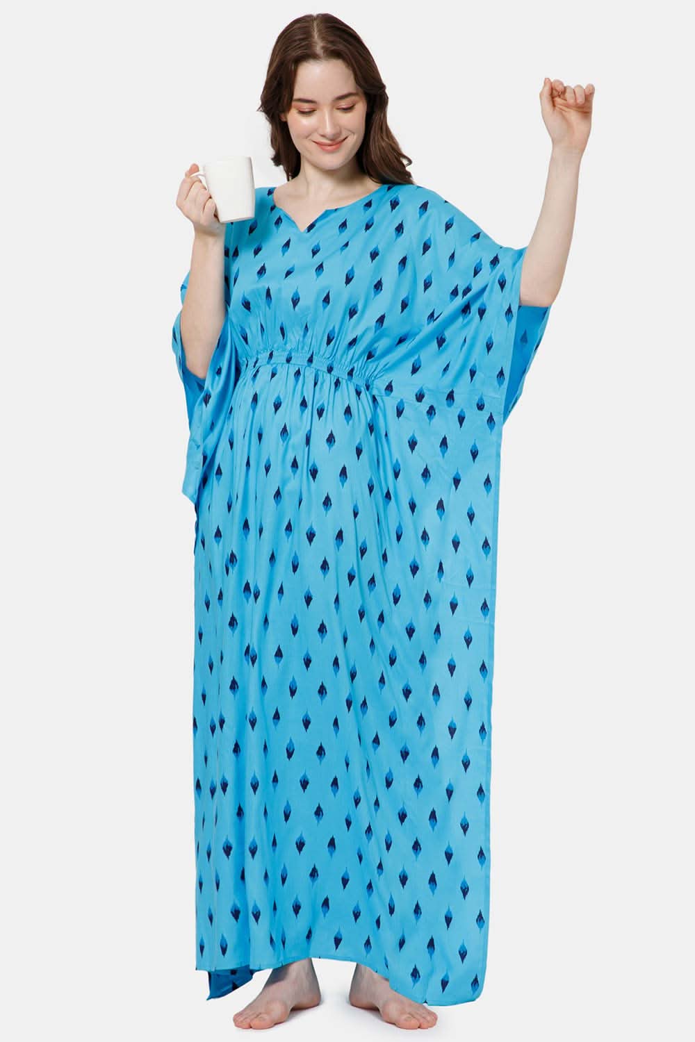 Naidu Hall Modern Printed Kaftan Style Nighty with Round Neck - Blue - NT27