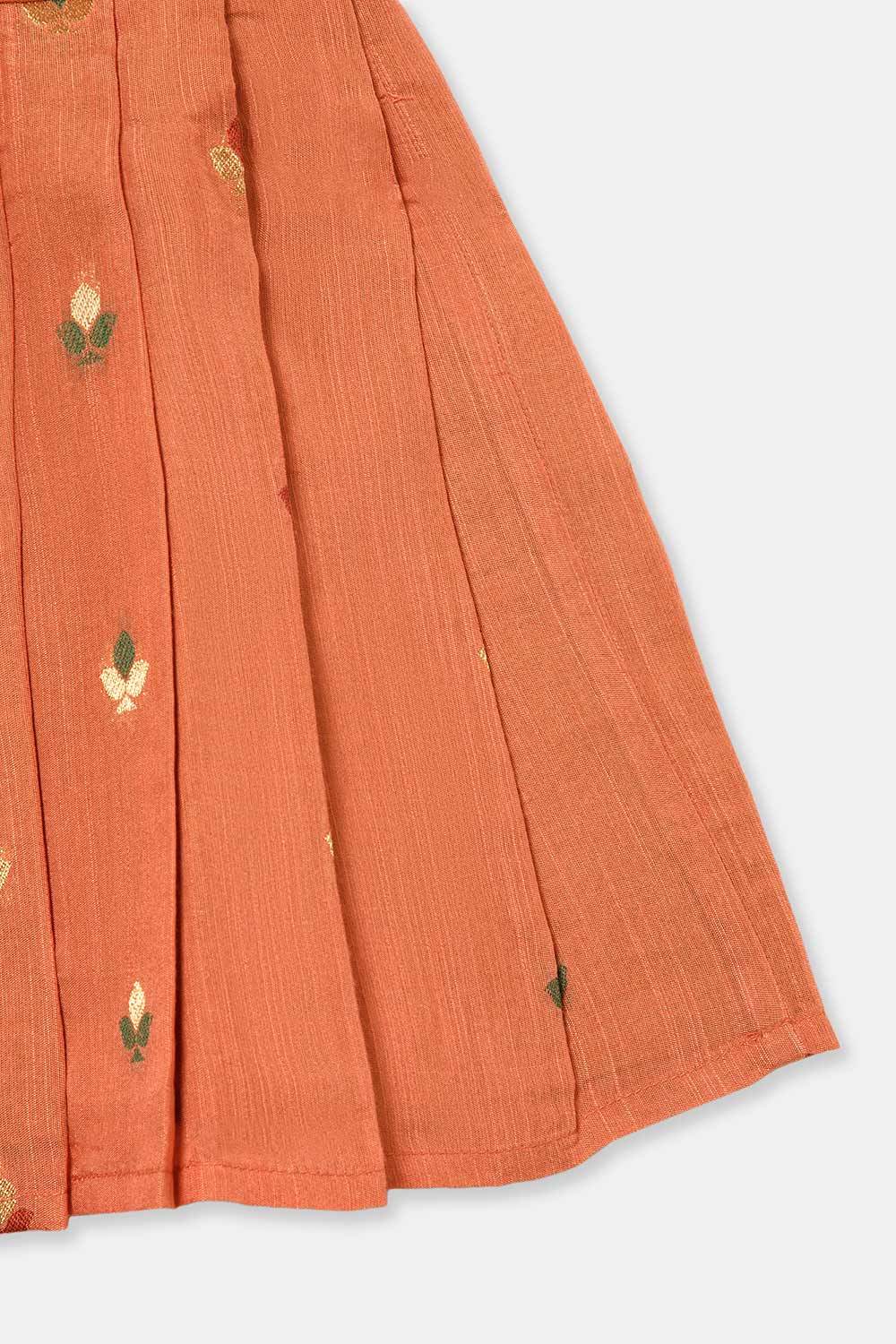 Chittythalli Girls’ Ethnic Frock – Angarkha Cut Top with Chain Stitch Embroidery & Knife Pleated Skirt - Orange - FR39 - Naidu Hall Family Store