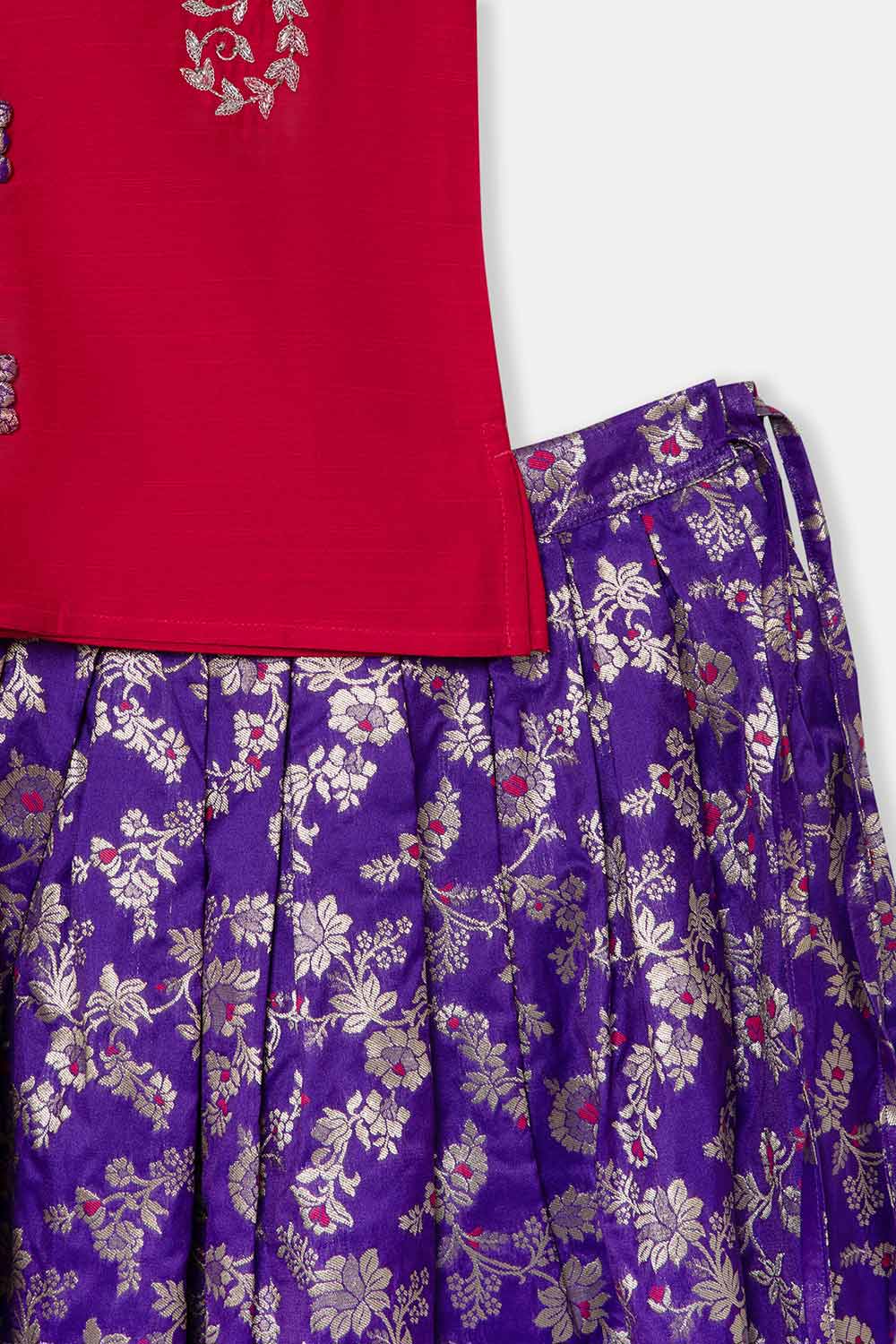Chittythalli Girls Pavadai Set – Cotton Blouse with Brocade Collar & Zari Embroidery, Box Pleated Skirt - Pink - PS80