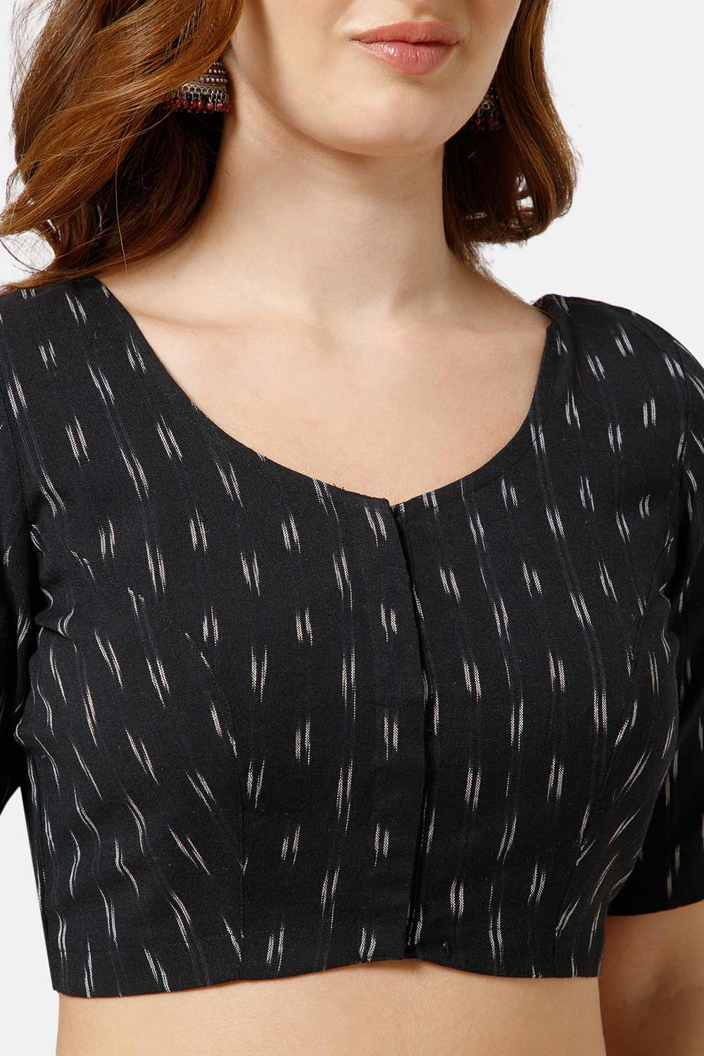 Naidu Hall Women’s Cotton Blouse | Woven U-Neck Ethnic Blouse with Elbow Sleeves & Front Closure - Black-3 - BU17