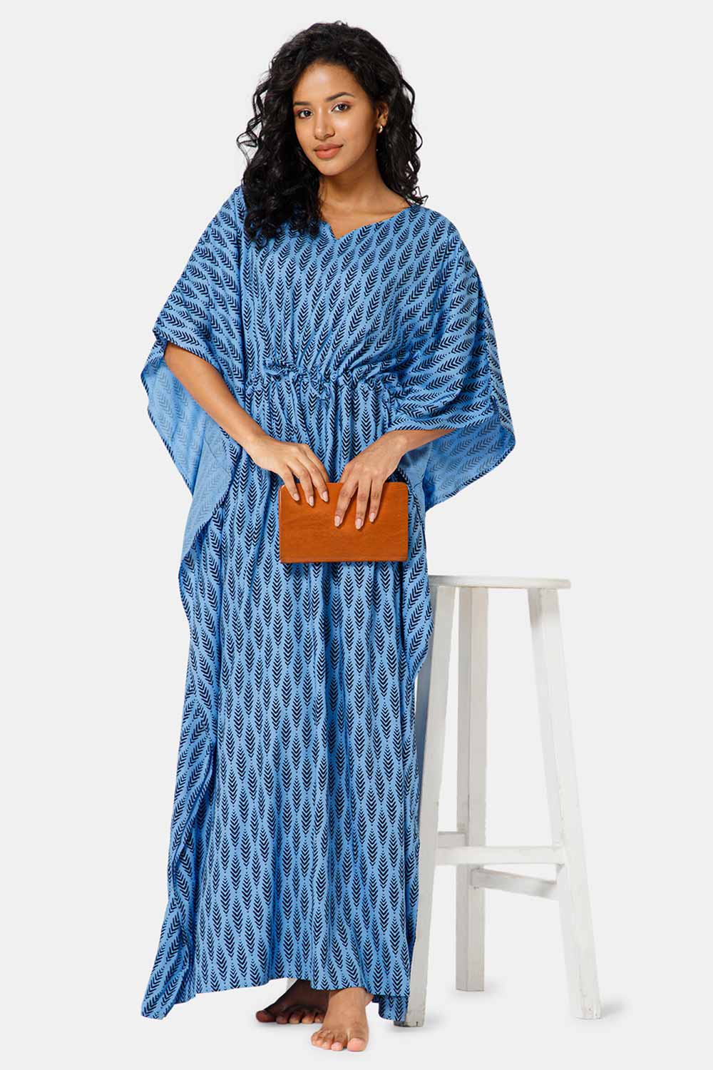 Naidu Hall Round Neck Kaftan Style Printed Nighty-Sky Blue - NT27