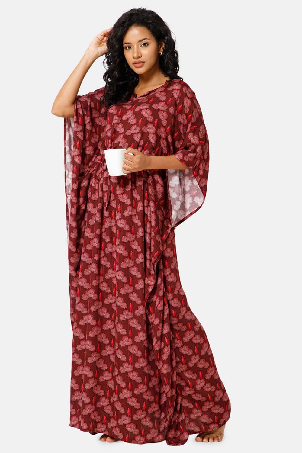 Naidu Hall Round Neck Kaftan Style Printed Nighty-Red - NT27