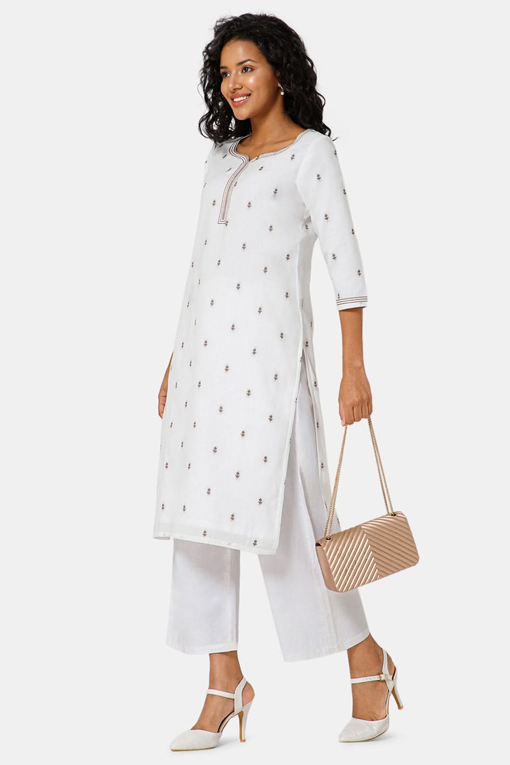Mythri Sweet Heart Neck 3/4th Sleeve Straight Kurti - Brown - KU45