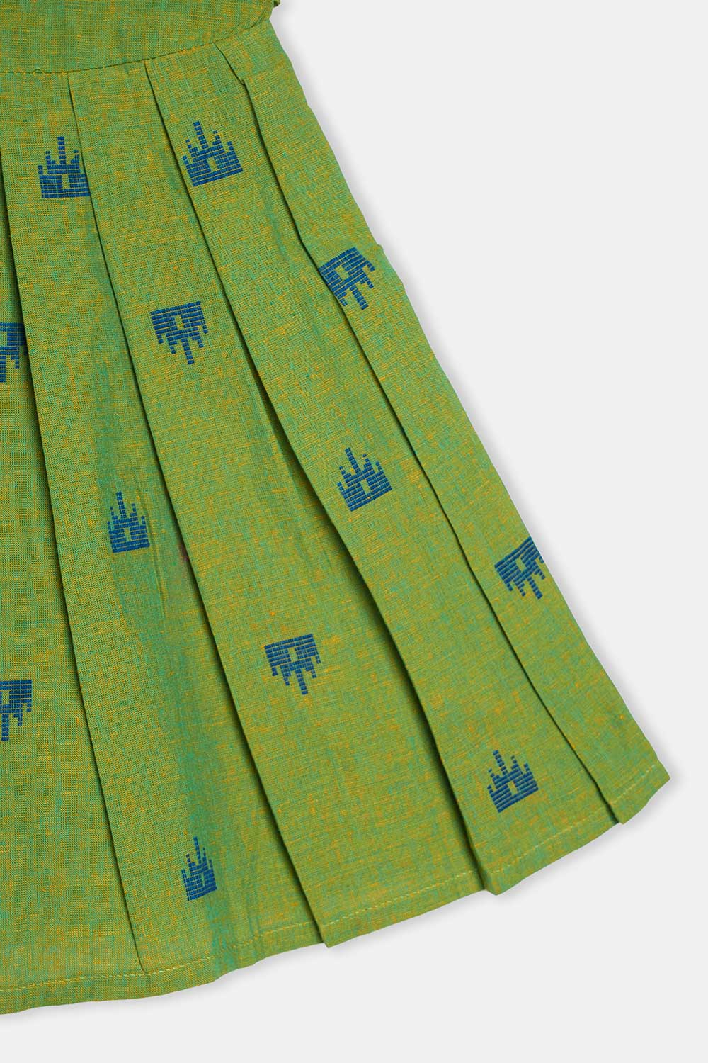 Chittythalli Girls Ethnic Frock Cotton Sleeveless Dress with Peter Pan Collar, Knife Pleats and Gathered Skirt- Dark Green - FR40
