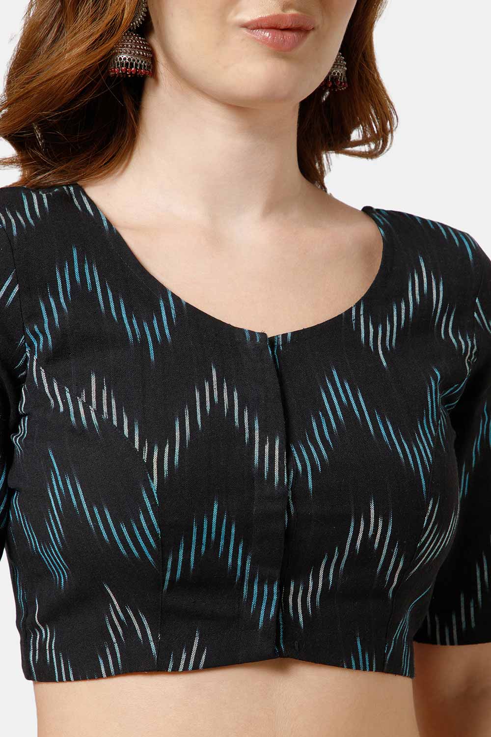 Naidu Hall Women’s Cotton Blouse | Woven U-Neck Ethnic Blouse with Elbow Sleeves & Front Closure - Black-2 - BU17