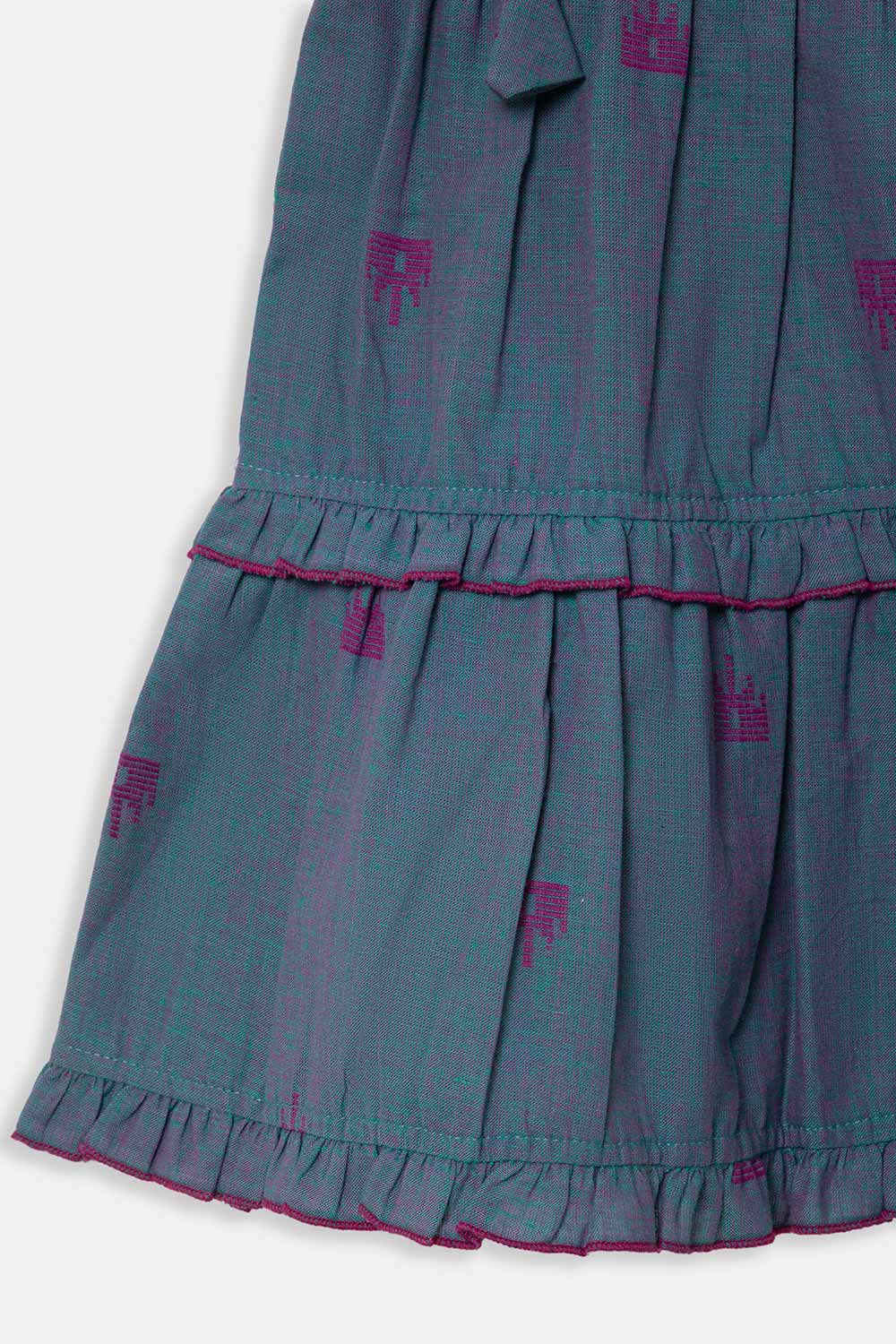 Chittythalli Girls Ethnic Layered Frock with Ruffles & Tassels – Handloom Butta Dress - Teal Green - FR24