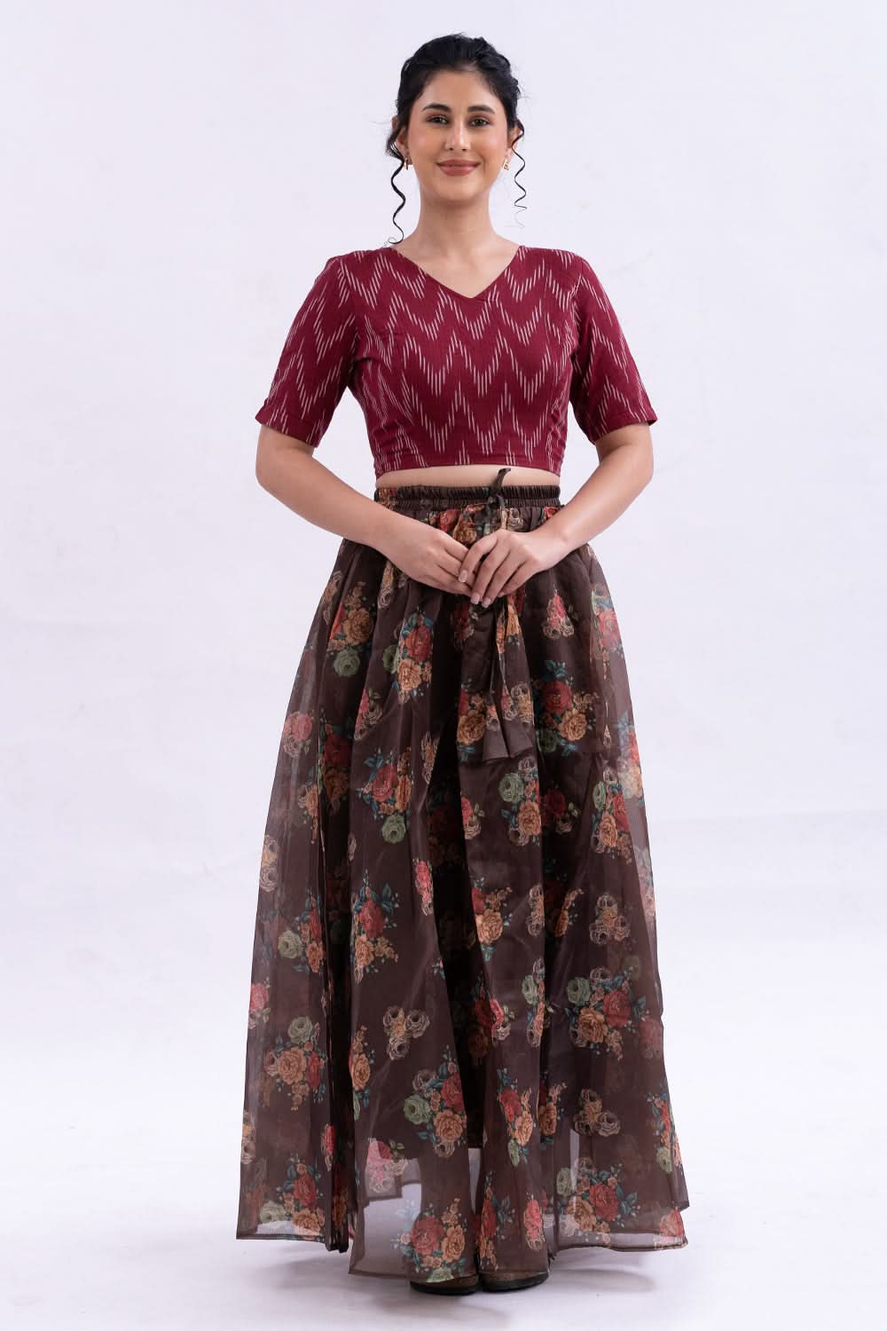 Naidu Hall V Neck Elbow Sleeve Women's Handloom Cotton Saree Ikat1 Back Open Blouse - Maroon