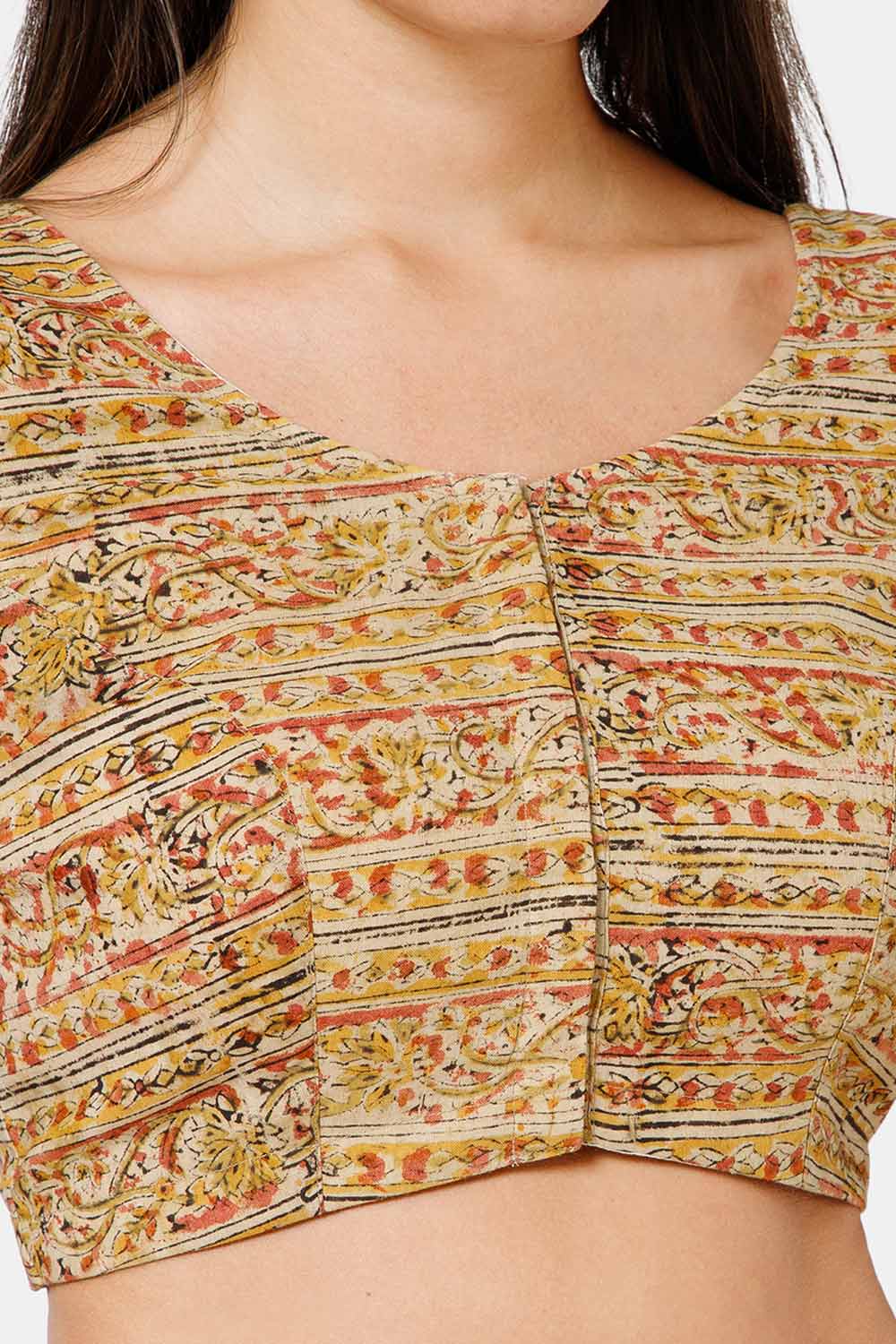 Naidu Hall Women’s Blouse Cotton Kalamkari Padded Front Open U Neck Princess Cut Elbow Sleeve Saree Blouse - Yellow - BU17