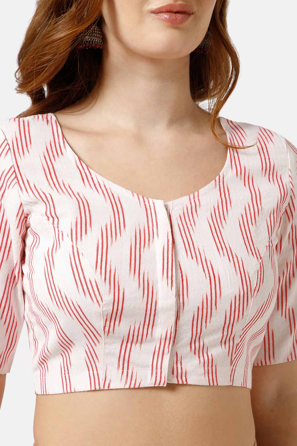 Naidu Hall Women’s Cotton Blouse | Woven U-Neck Ethnic Blouse with Elbow Sleeves & Front Closure - White Red-2 - BU17
