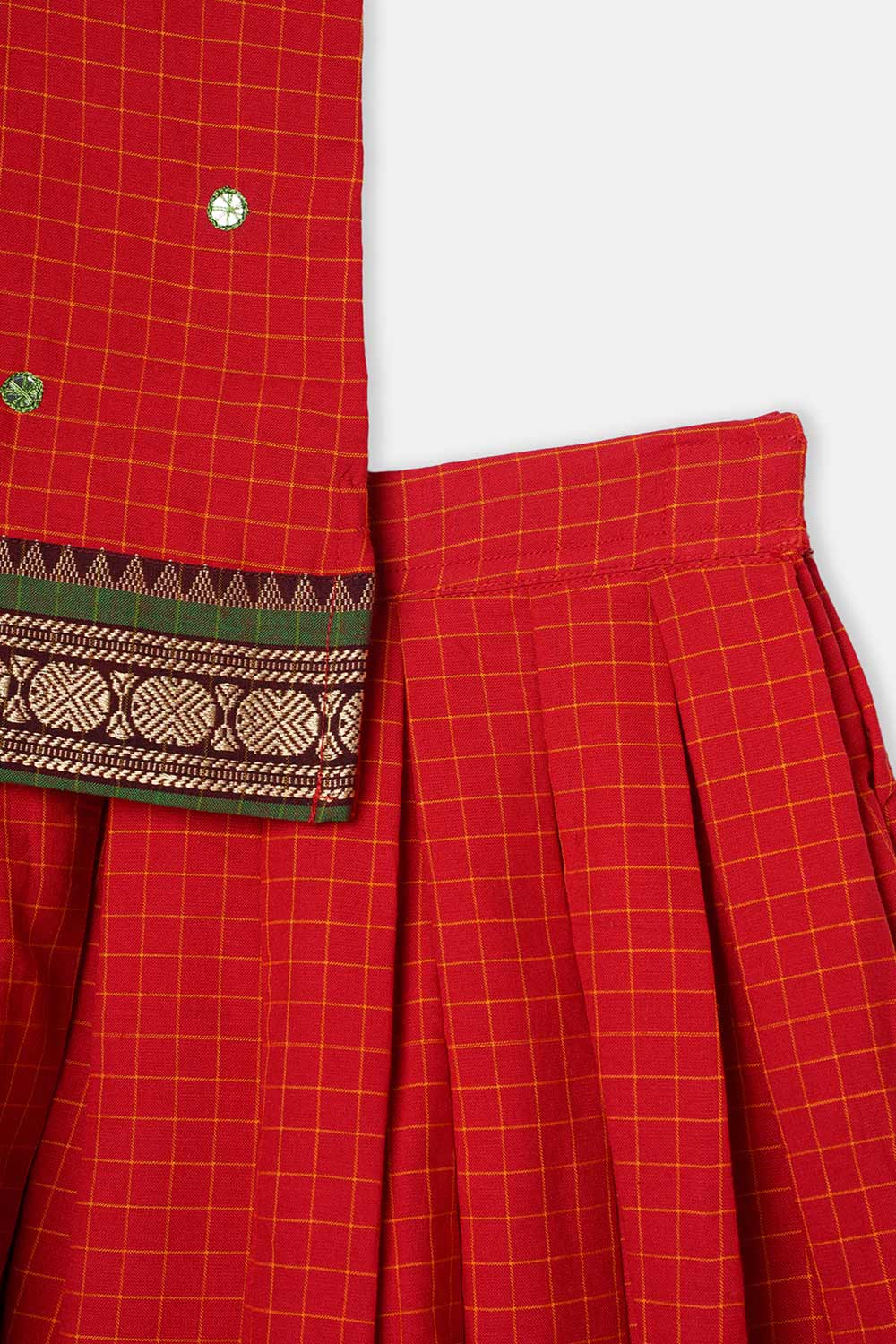 Chittythalli Girls Pavadai Set Cotton Ethnic Wear Mirror Work Puff Sleeve Top with Box Pleated Skirt- Red - PS88