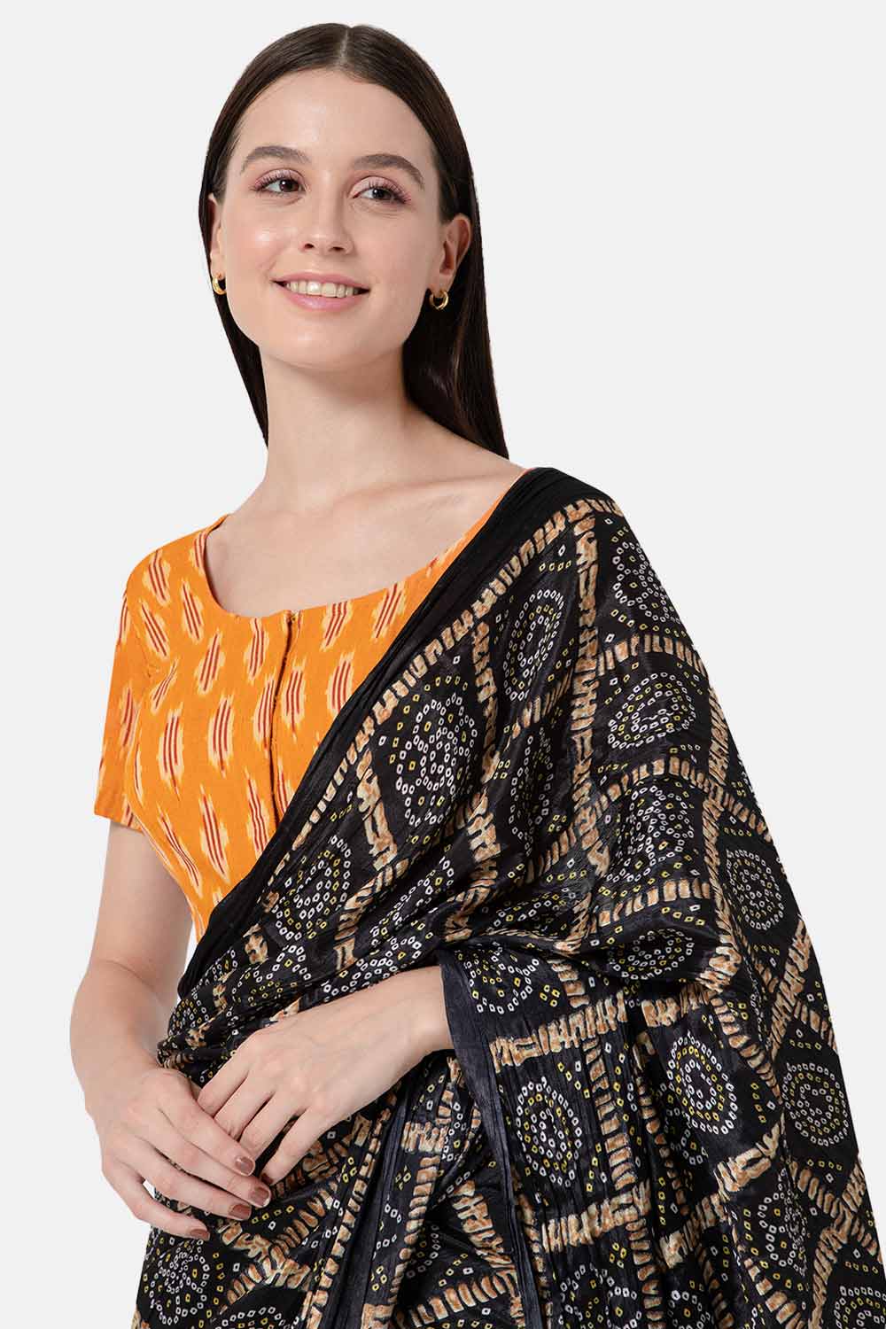Naiduhall Princess Cut Round Neck Short Sleeve Ikat Blouse - Yellow - BU10