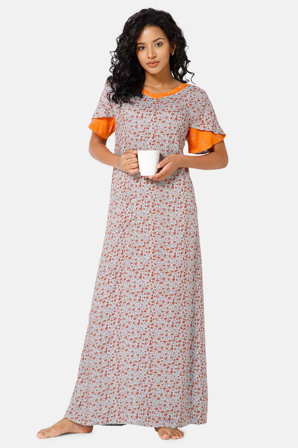 Naidu Hall V Neck Ruffle Sleeve Printed Nighty-Sky Blue - NT45