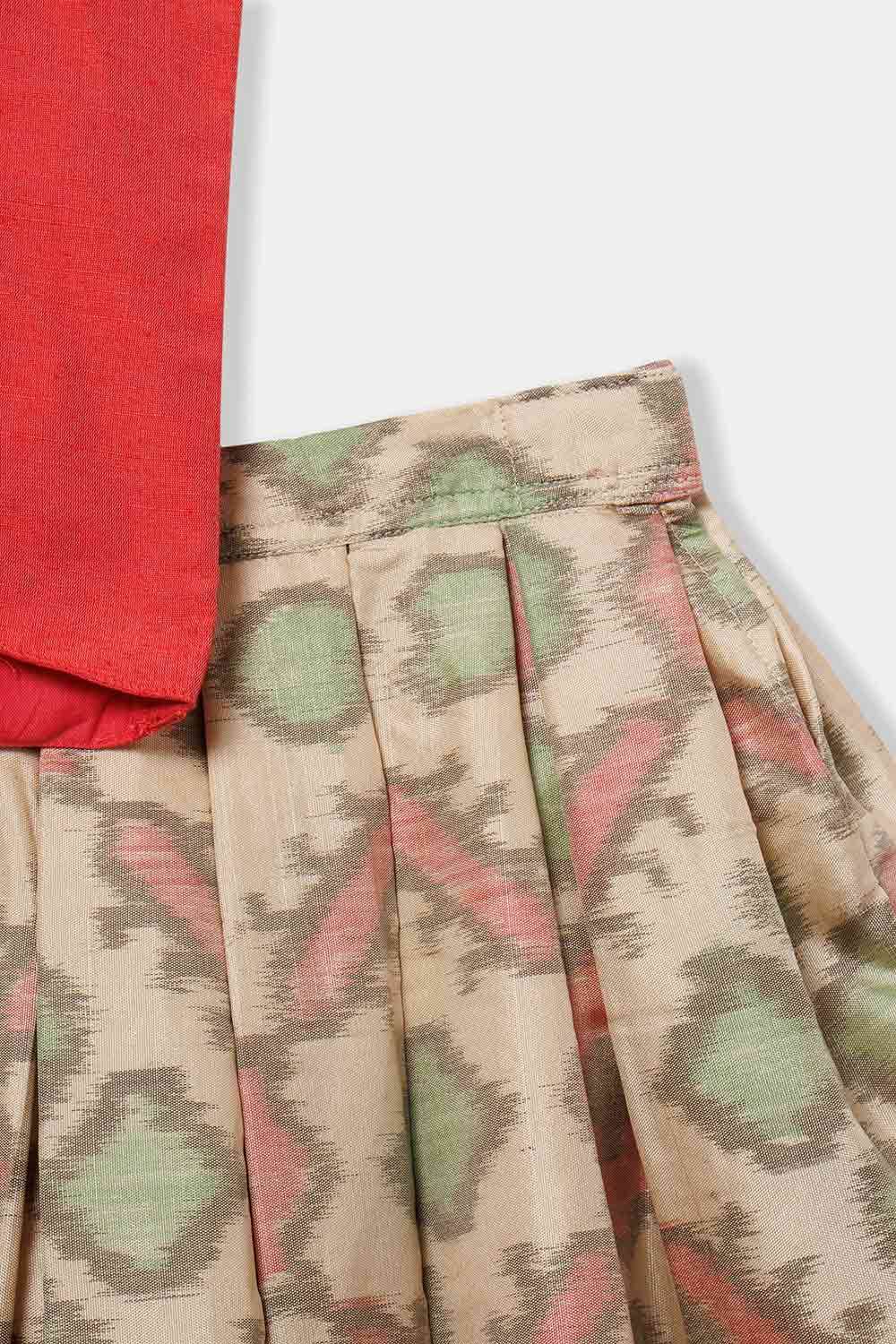 Chittythalli Girls’ Pavadai Set – V-Neck Embroidered Top with Puff Sleeves & Box-Pleated Brocade Skirt - Red - PS38 - Naidu Hall Family Store