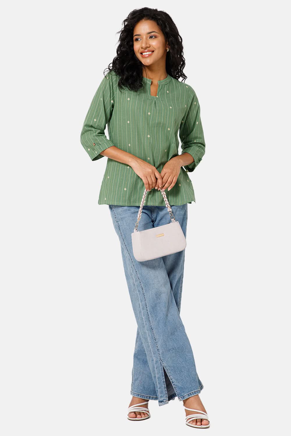 Mythri Manderian Collar 3/4th Sleeve Tab Top - Green - TO04