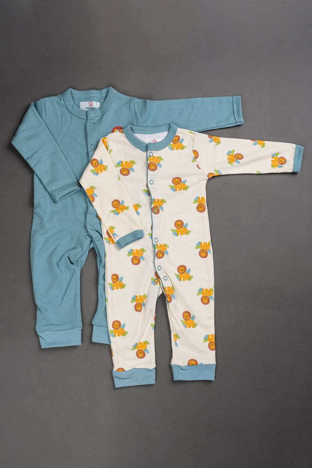 Oh Baby Cotton Interlock Knit Animal Print Body Suit Pack Of - 2 - Blue & Assorted - S202 - Naidu Hall Family Store