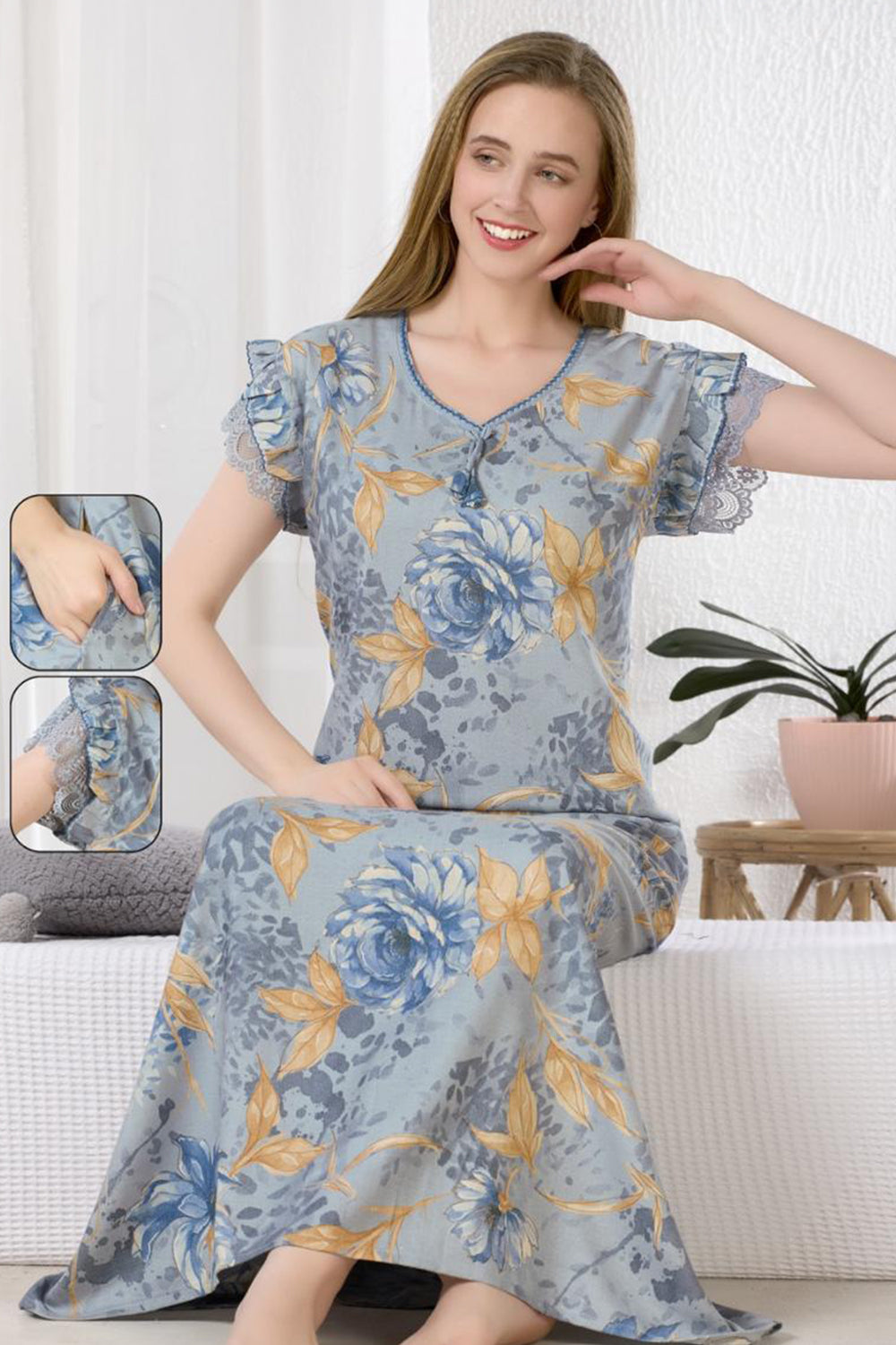 Women’s Cotton Blend Prints A-Line Nighty | Full Length Round Neck Night Dress with Short Sleeve | Regular Fit Sleepwear, Home Wear & Loungewear