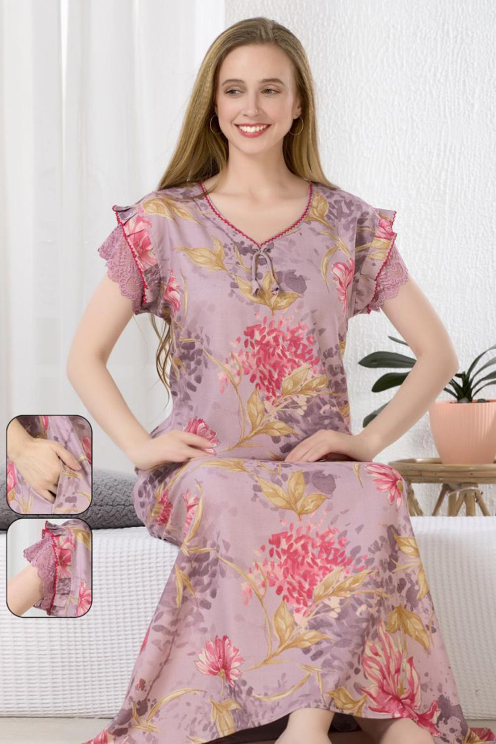 Women’s Cotton Blend Prints A-Line Nighty | Full Length Round Neck Night Dress with Short Sleeve | Regular Fit Sleepwear, Home Wear & Loungewear