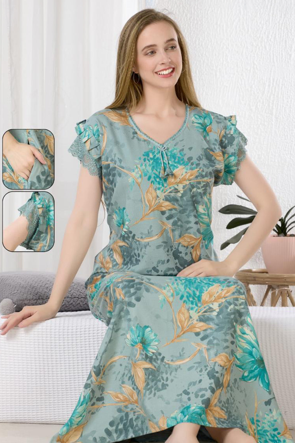 Women’s Cotton Blend Prints A-Line Nighty | Full Length Round Neck Night Dress with Short Sleeve | Regular Fit Sleepwear, Home Wear & Loungewear