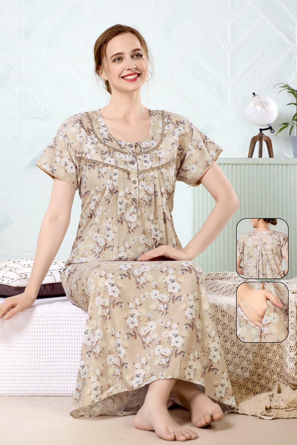 Women’s Poly Viscose Prints Pleated Nighty | Full Length Round Neck Night Dress with Short Sleeve | Relax Fit Sleepwear, Home Wear & Loungewear