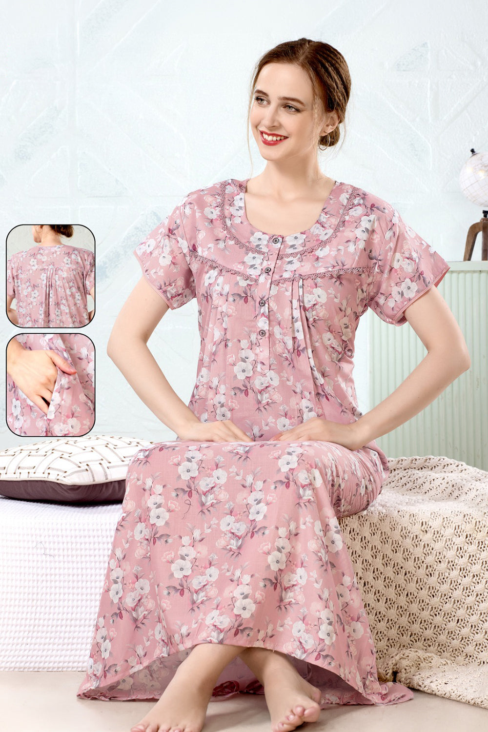 Women’s Poly Viscose Prints Pleated Nighty | Full Length Round Neck Night Dress with Short Sleeve | Relax Fit Sleepwear, Home Wear & Loungewear