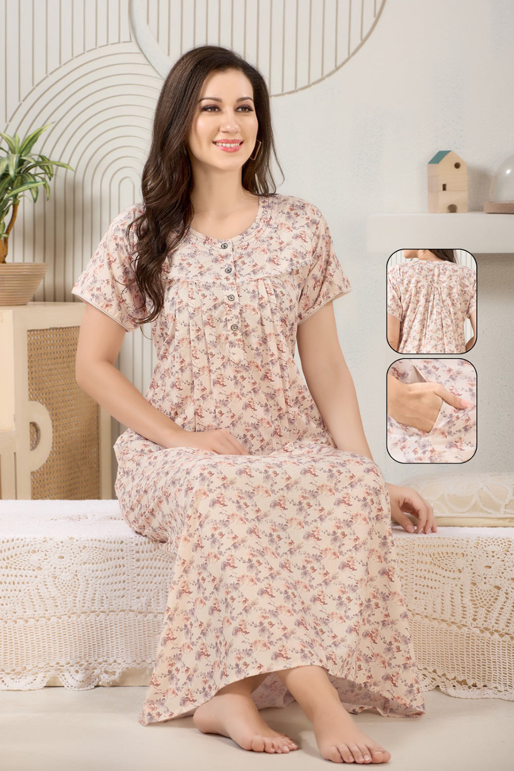Women’s Poly Viscose Prints Pleated Nighty | Full Length Round Neck Night Dress with Short Sleeve | Relax Fit Sleepwear, Home Wear & Loungewear