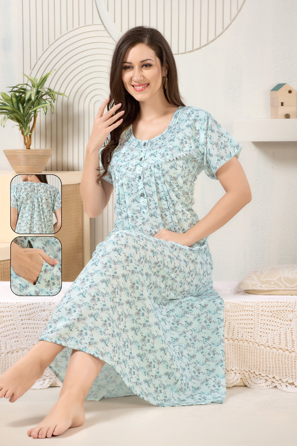 Women’s Poly Viscose Prints Pleated Nighty | Full Length Round Neck Night Dress with Short Sleeve | Relax Fit Sleepwear, Home Wear & Loungewear