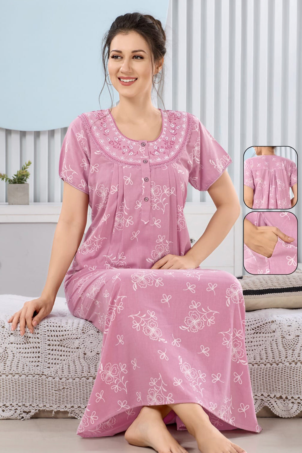 Women’s Poly Viscose Prints Pleated Nighty | Full Length Round Neck Night Dress with Short Sleeve | Relax Fit Sleepwear, Home Wear & Loungewear