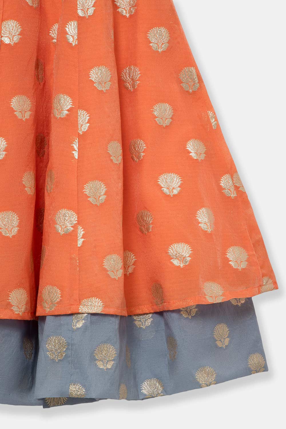 Chittythalli Girls Traditional Pavadai Set with Mandarin Collar Top and Double Layered Flared Skirt - Orange - PS70