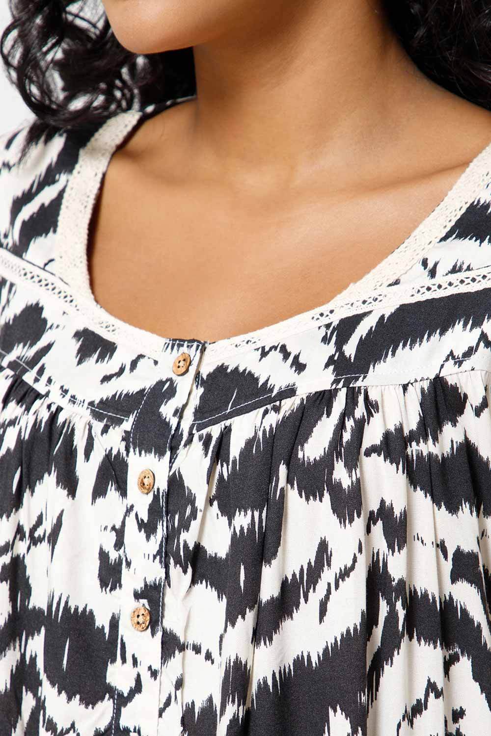 Naidu Hall Front Open Round Neck Mega Sleeve Printed Nighty-Black print-2 - NT39 - Naidu Hall Family Store