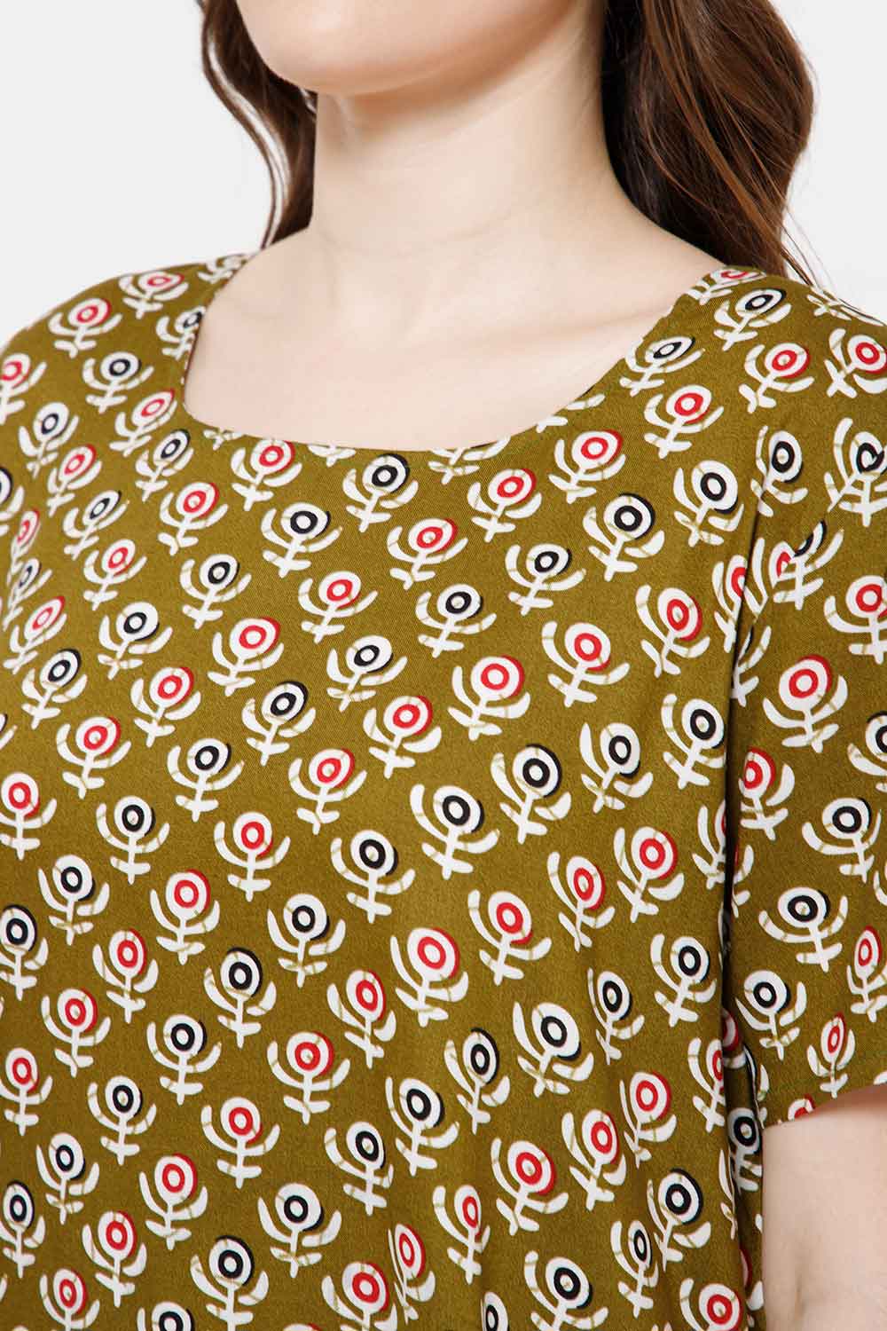 Naidu Hall Printed Nighty with Square Round Neck - Green - NT36