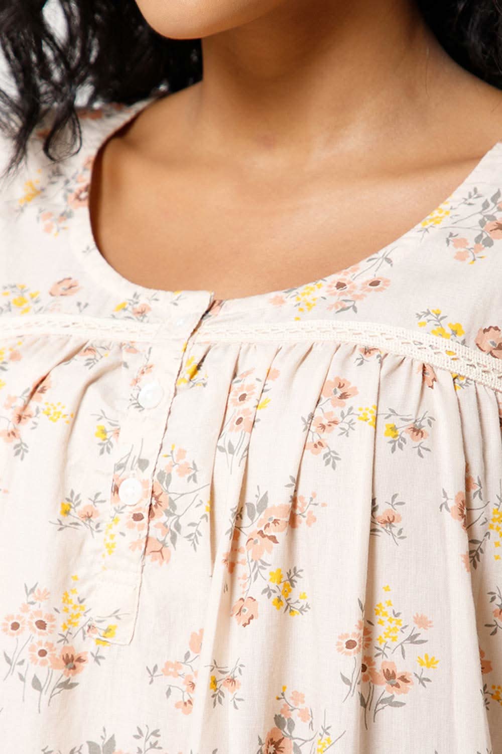 Naidu Hall Front Open Round Neck Short Sleeve Printed Nighty-Orange - NT11