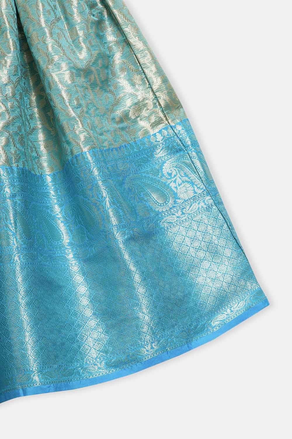 Chittythalli Girls’ Asymmetric Neck Pavadai Set – Brocade Skirt & Cotton Top - Blue - PS50