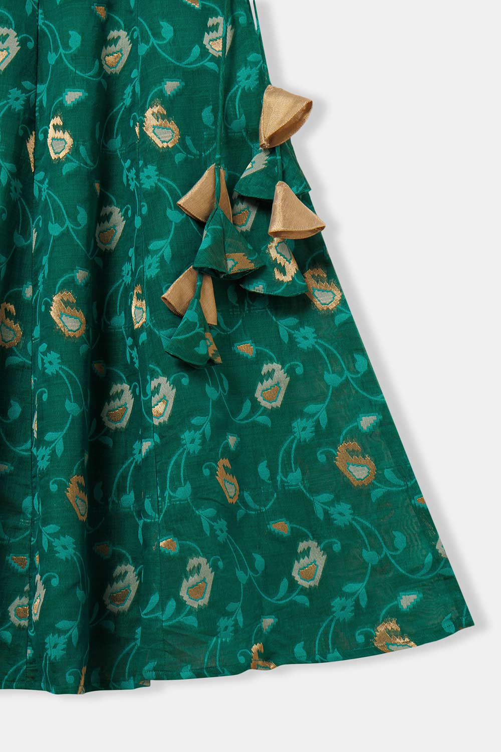 Chittythalli Girls’ Ethnic Pavadai Set – Sleeveless V-Neck Top with Flared Kali Skirt & Tassel Detailing - Teal Green - PS60