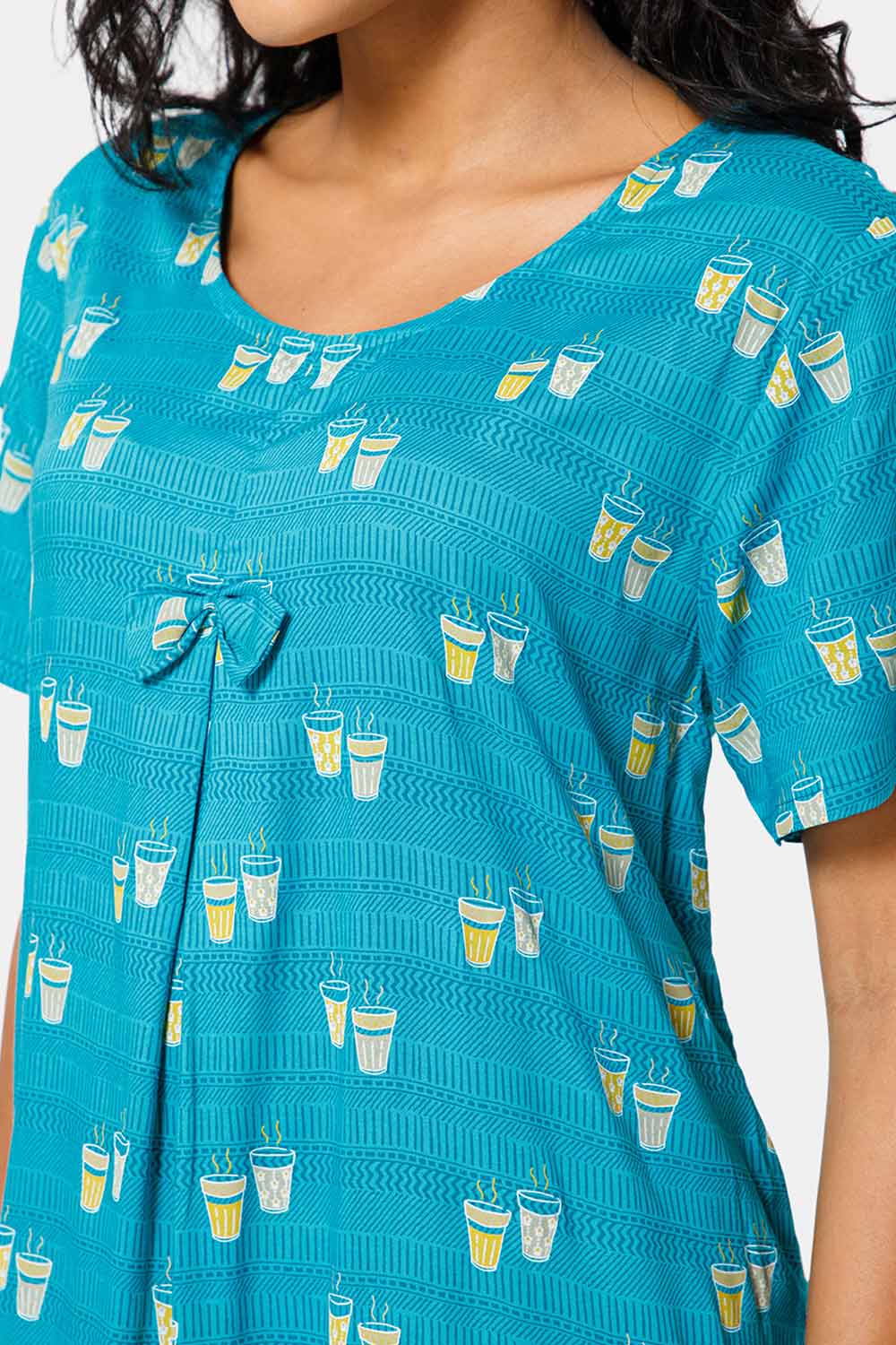 Naidu Hall Round Neck Box Pleatted Short Sleeve Printed Nighty-Light blue - NT44