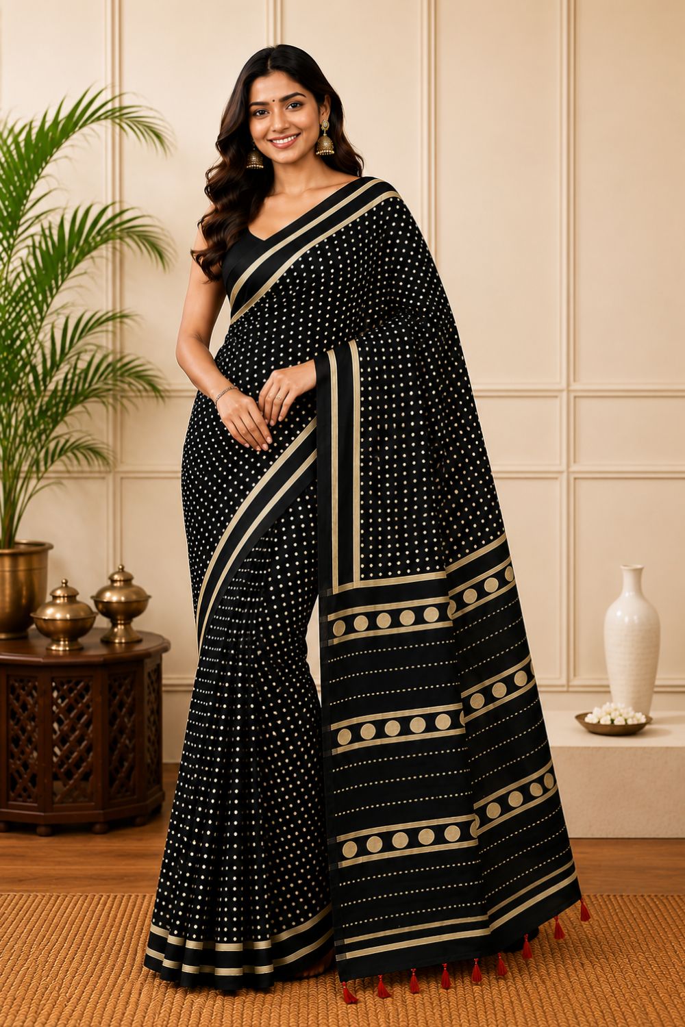 Women's Pure Cotton Jaipur Print Saree with Blouse | Soft Cotton Printed Saree for Women | Traditional, Casual & Festive Ethnic Wear - Black - 3105