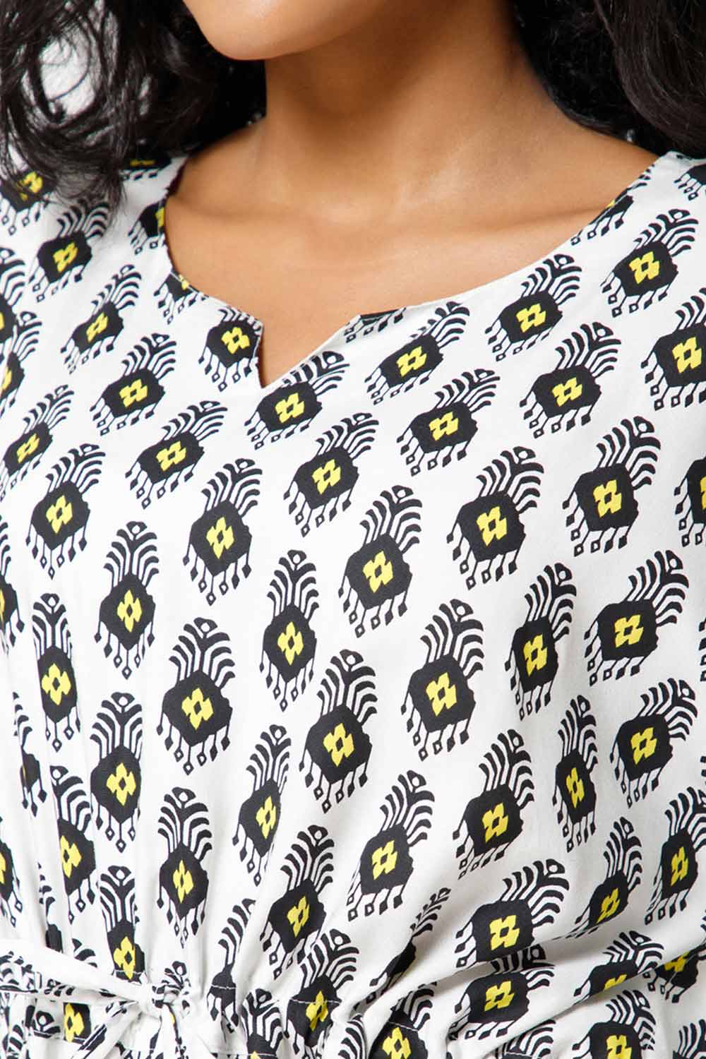 Naidu Hall Round Neck Kaftan Style Printed Nighty-Black White - NT27