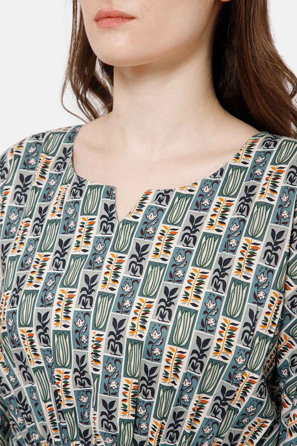 Naidu Hall Modern Printed Kaftan Style Nighty with Round Neck - Green - NT27