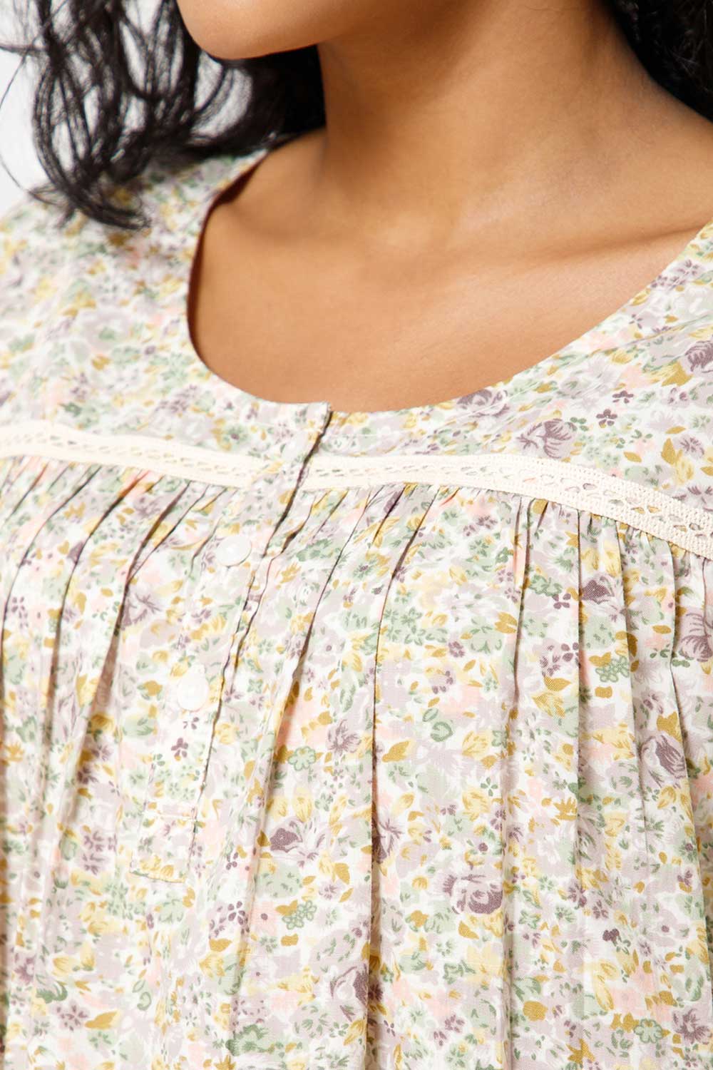 Naidu Hall Front Open Round Neck Short Sleeve Printed Nighty-Grey - NT11