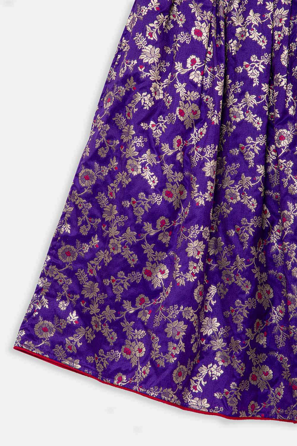 Chittythalli Girls Pavadai Set – Cotton Blouse with Brocade Collar & Zari Embroidery, Box Pleated Skirt - Pink - PS80